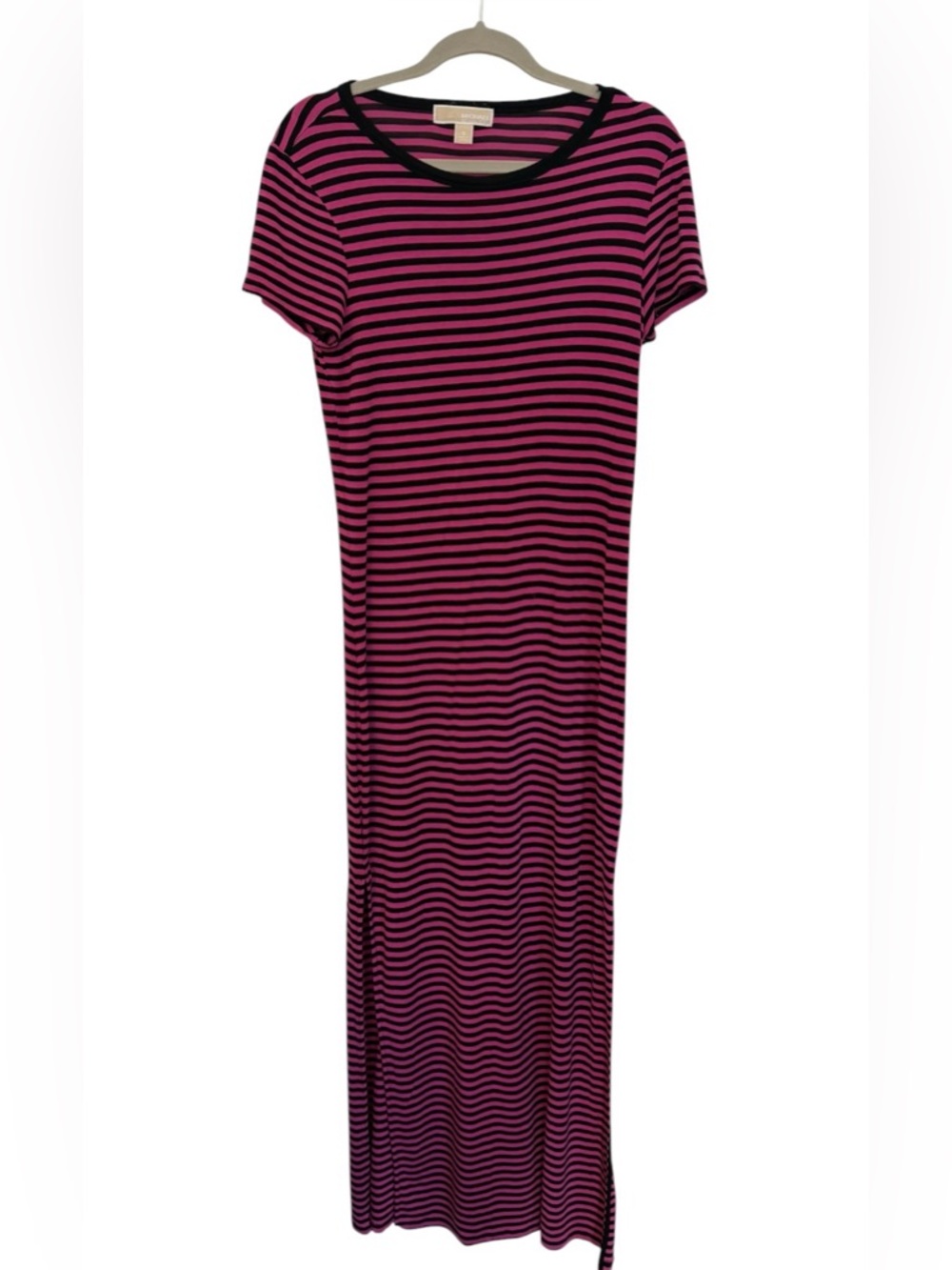 Michael Kors Pink and Black Striped Short-Sleeve Maxi Dress